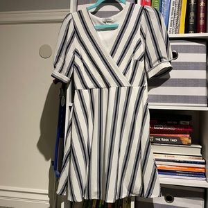 White dress with navy blue stripes
